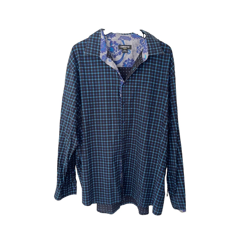 Claiborne Stretch 3XL Contrast Cuff Blue Plaid Floral Long Sleeve Button Down